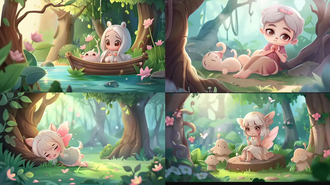 Enchanted Whimsical Forest Dreamscapes with Pastel Hues and Chibi Characters - Midjourney sref style