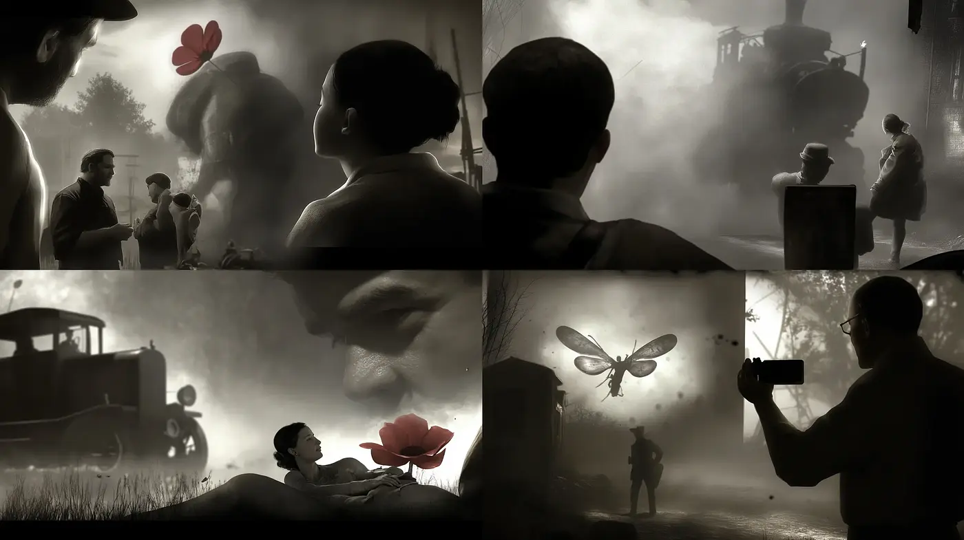 Monochromatic Nostalgia: Shadows of the Past with Vivid Accents - Midjourney sref style