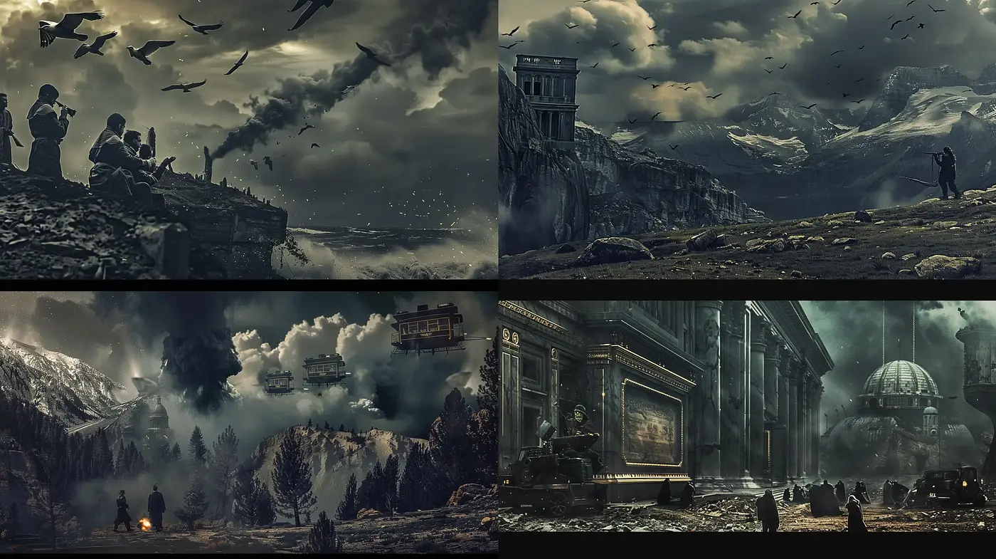 Ethereal Dystopian Echoes: A Homage to Surreal Imaginings in Sepia and Obsidian Hues - Midjourney sref style