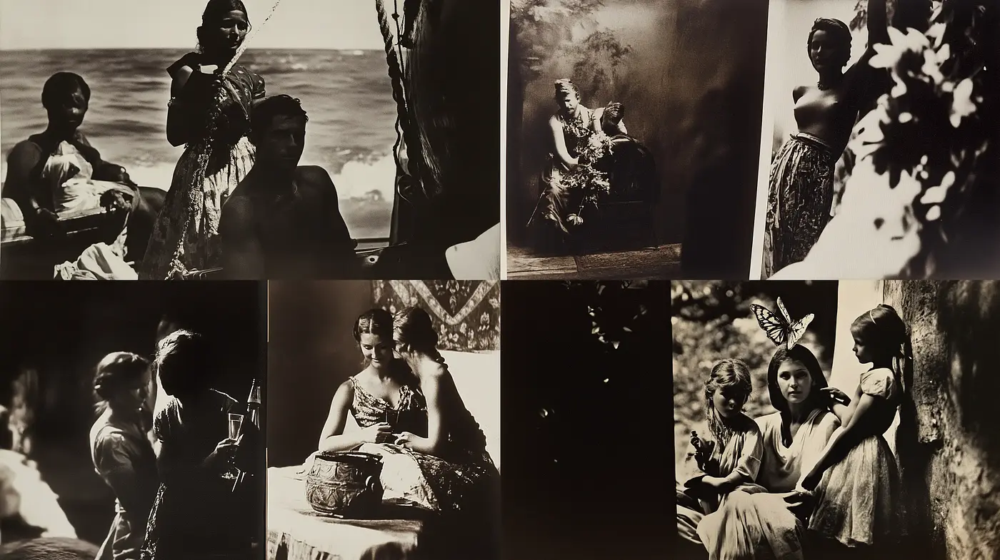 Sepia-Toned Ethereal Elegance in Photographic Tableau - Midjourney sref style