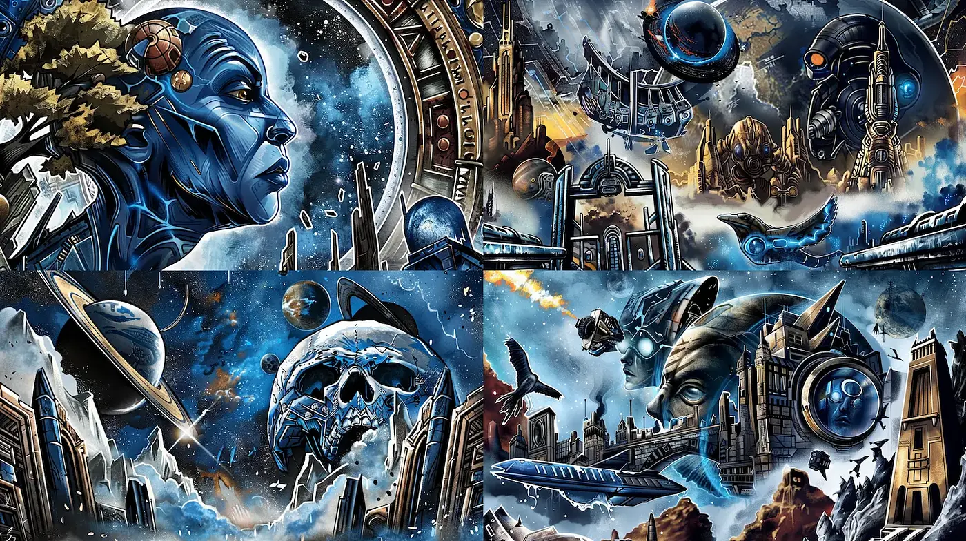 Futuristic Cosmic Visions with Dynamic Visual Elements - Midjourney sref style