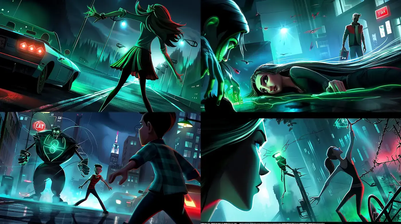 Dynamic and Cinematic Urban Fantasy with Neon Accents - Midjourney sref style