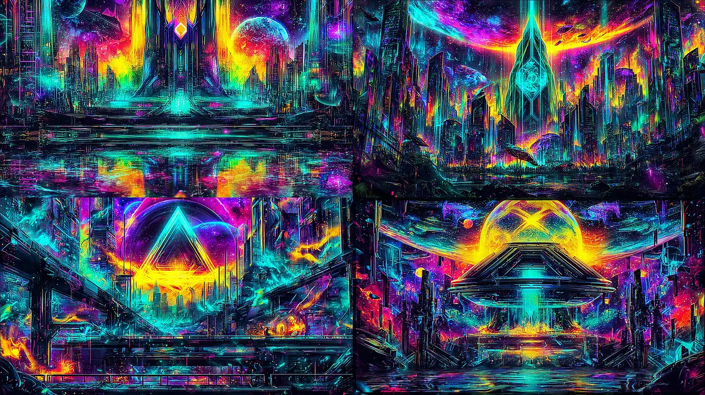 Futuristic Neon Cityscapes with Cosmic Overtones and Vibrant Abstract Elements - Midjourney sref style