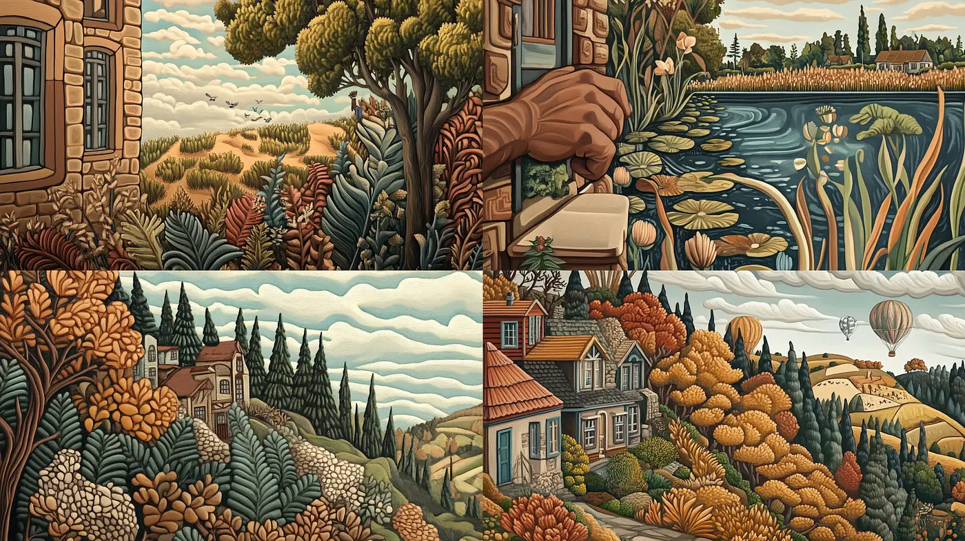 Idyllic Pastoral Dreamscapes with Stylized Textures and Warm Autumn Hues - Midjourney sref style