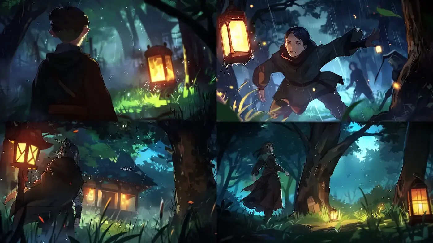 Enchanting nighttime forest scenes with a blend of whimsical fantasy and serene atmosphere - Midjourney sref style