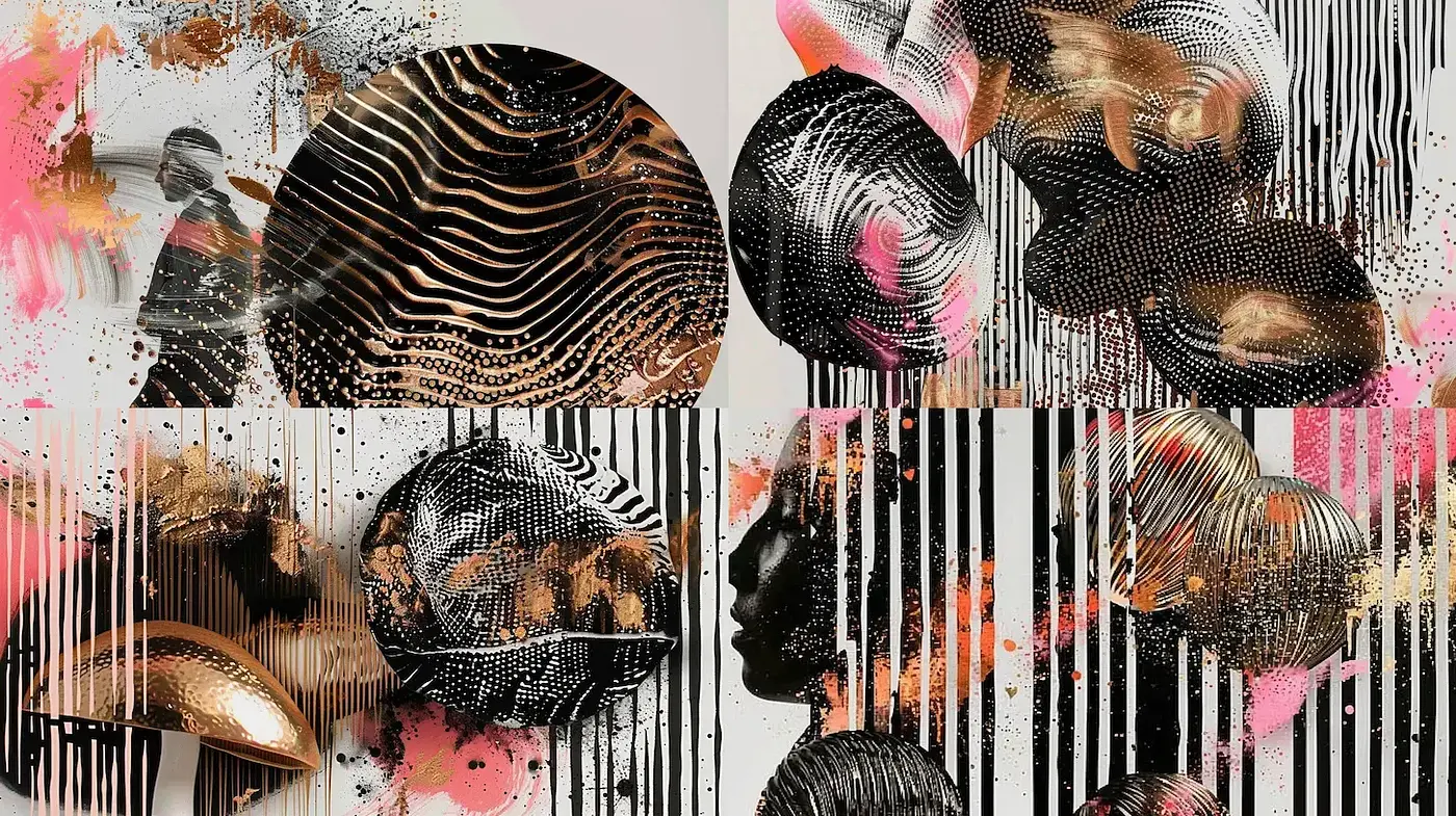 Dynamic and Abstract Representations with Fluid Textures and Contrasting Forms - Midjourney sref style