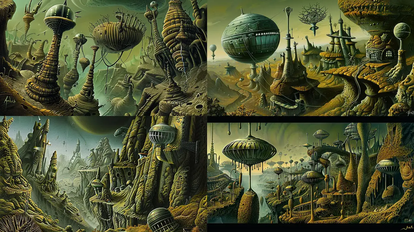 Surreal futuristic landscape with organic structures and a muted palette - Midjourney sref style