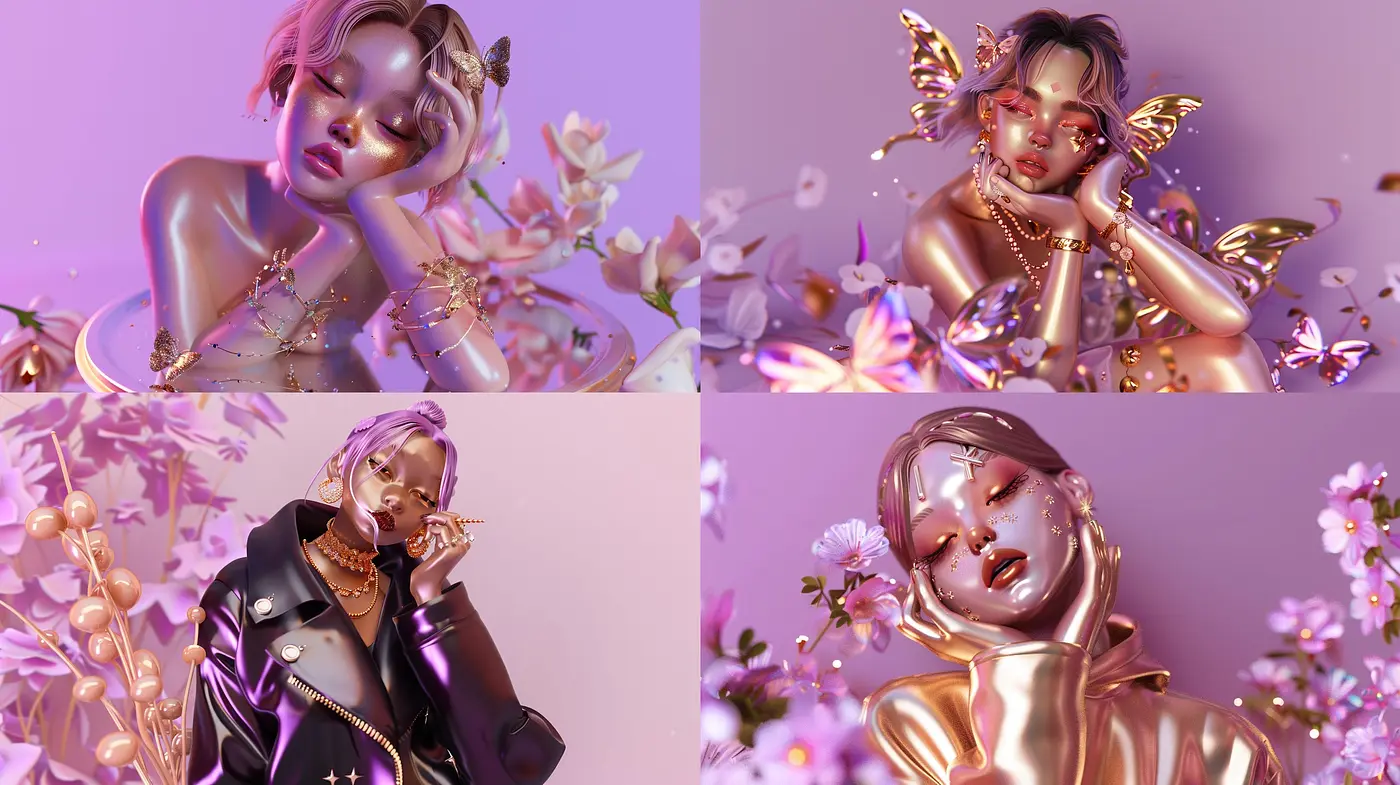 Lustrous Elegance in Lavender Hues: A Symphonic Blend of Fantasy and Fashion with a Metallic Sheen - Midjourney sref style