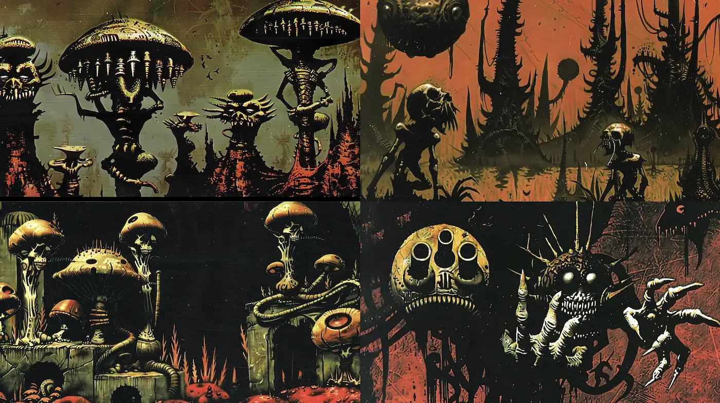 Dystopian, surreal landscapes with a hint of horror - Midjourney sref style