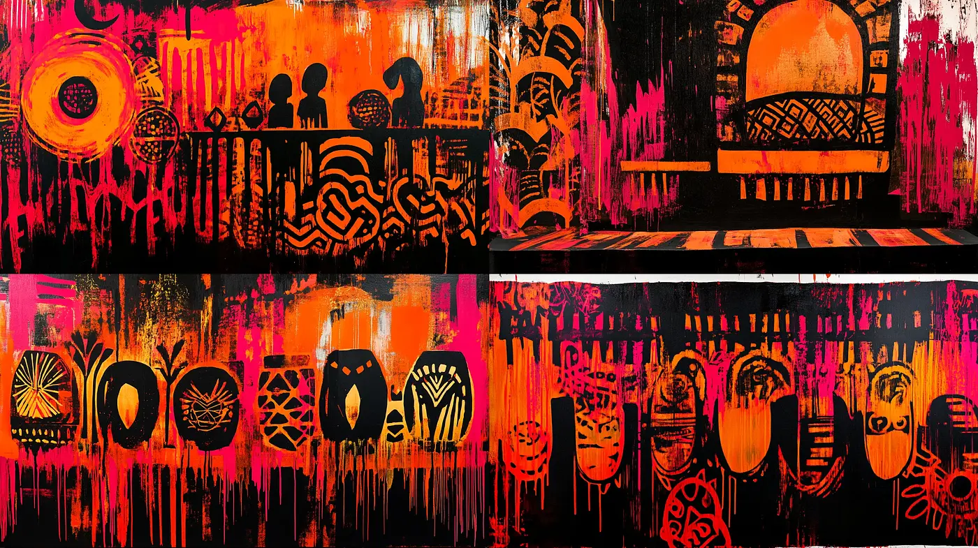 Abstract Expressionist Drips with Tribal Motifs - Midjourney sref style