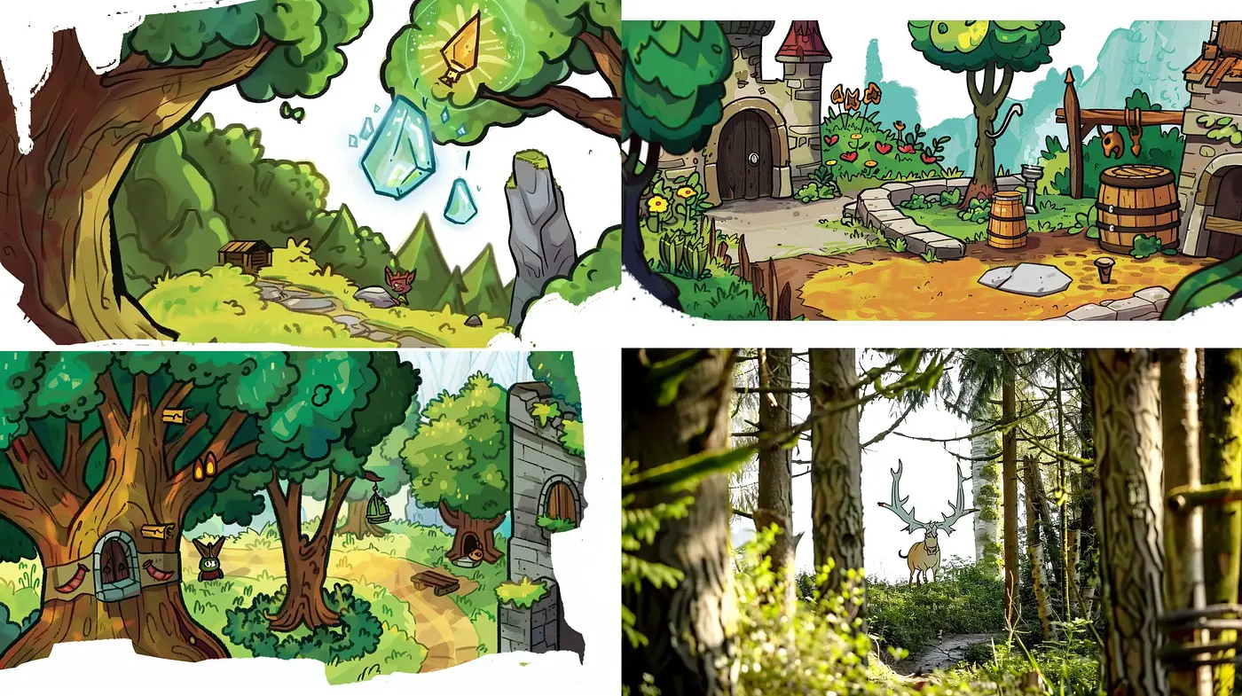 Enchanted Forest Whimsy: A Consistent Tale through Vivid Cartoon Illustration - Midjourney sref style