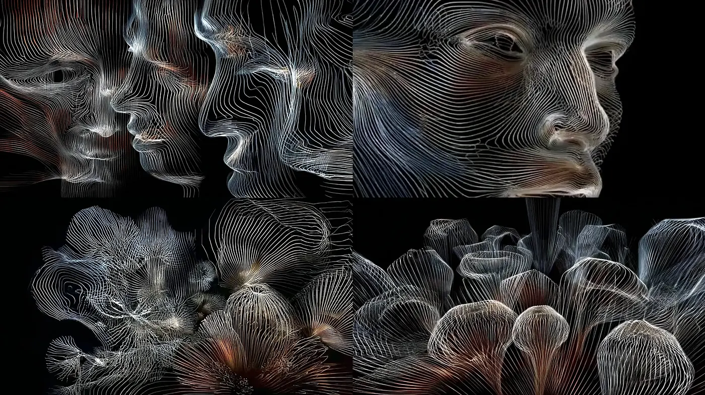 Ethereal Linework and Organic Forms with a Dark Palette - Midjourney sref style