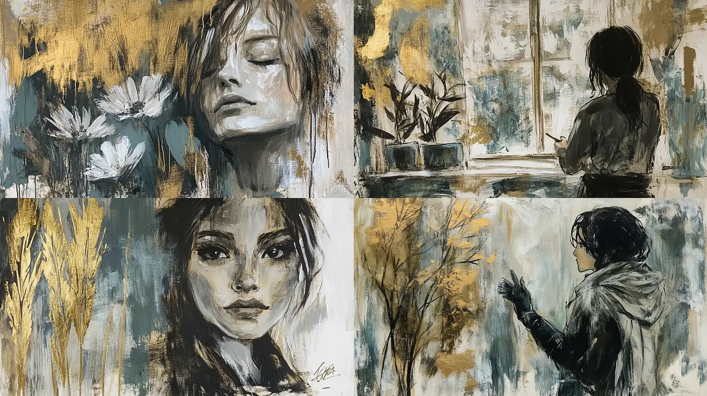 Whimsical Brushstrokes in Monochrome and Amber - Midjourney sref style
