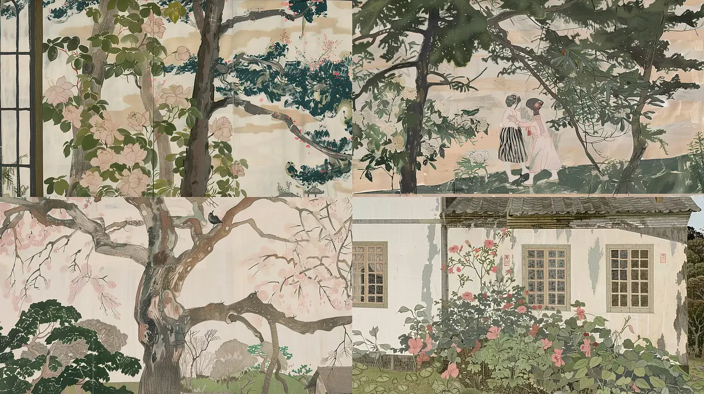 Serene Nature Infused Tapestry: A Harmonious Blend of East Asian Aesthetics and Pastoral Tranquility - Midjourney sref style