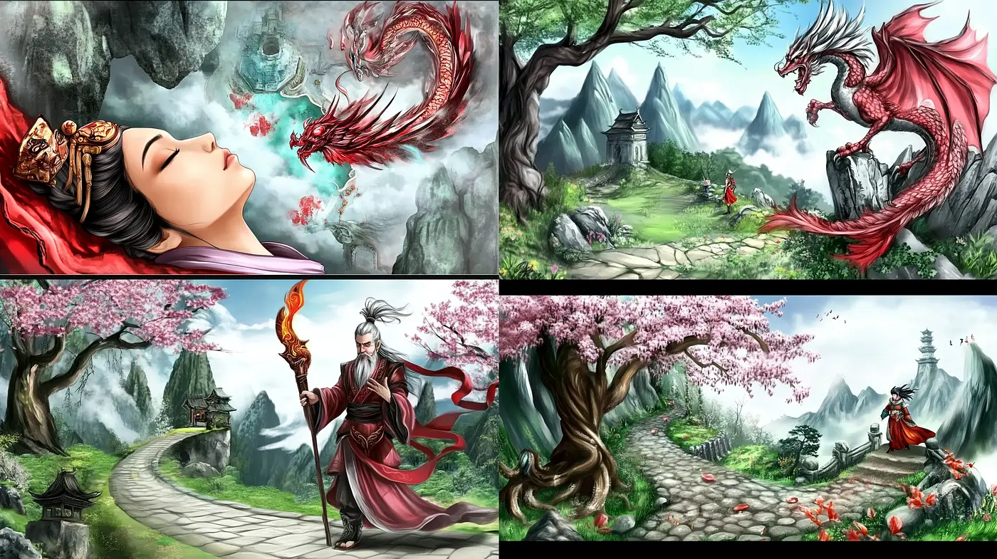 Ethereal Eastern Mythos: A Fusion of Vivid Fantasy and Traditional Asian Artistry - Midjourney sref style