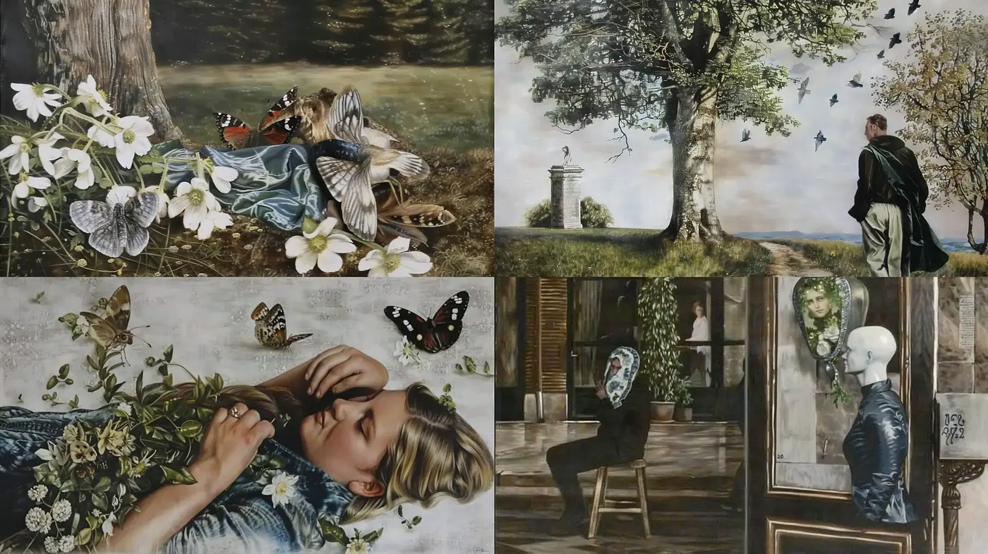 Whispered Tales in Surreal Vistas: A Dreamlike Fusion with Baroque Undertones & Nature's Embrace - Midjourney sref style