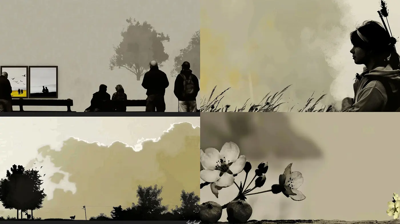 Sepia-Soaked Silhouettes and Soft Textures: A Harmonious Blend of Serenity and Nostalgia - Midjourney sref style