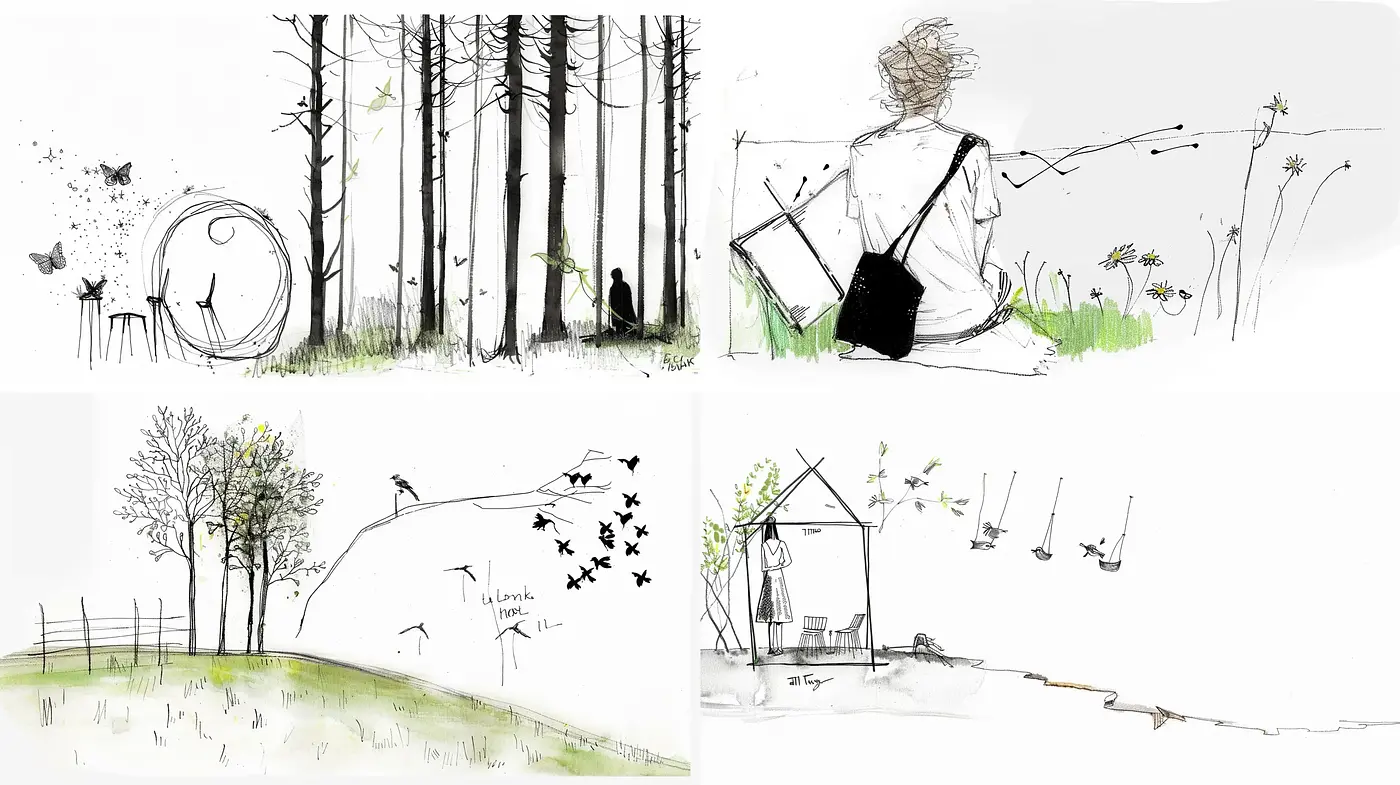 Whimsical Minimalist Sketches with a Nature-Inspired Theme - Midjourney sref style