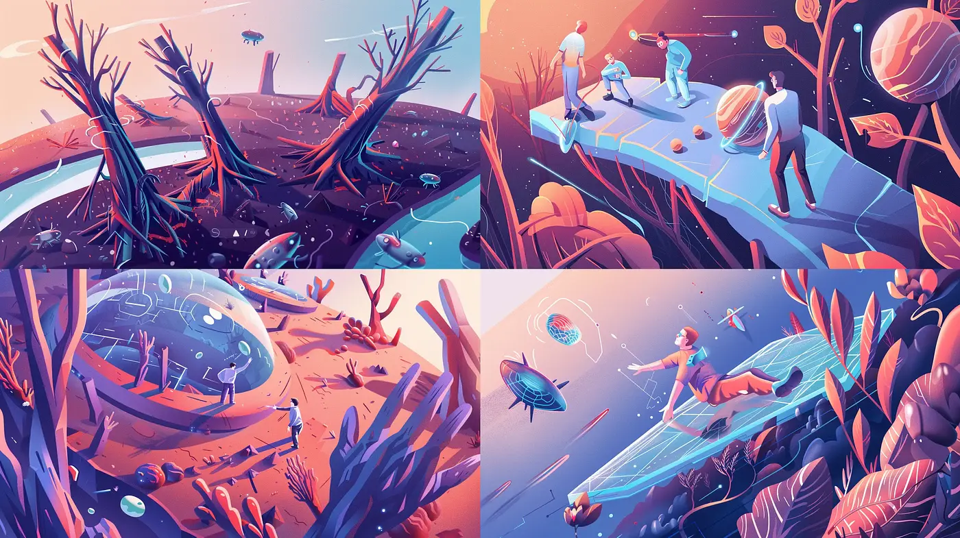 Futuristic Exploration in Stylized Gradient Vistas - Midjourney sref style
