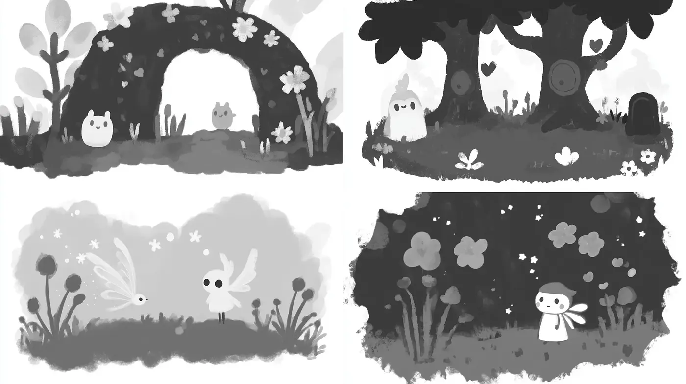 Monochromatic Whimsical Woodland: A Glimpse Into Enchanted Cartoonesque Sceneries - Midjourney sref style