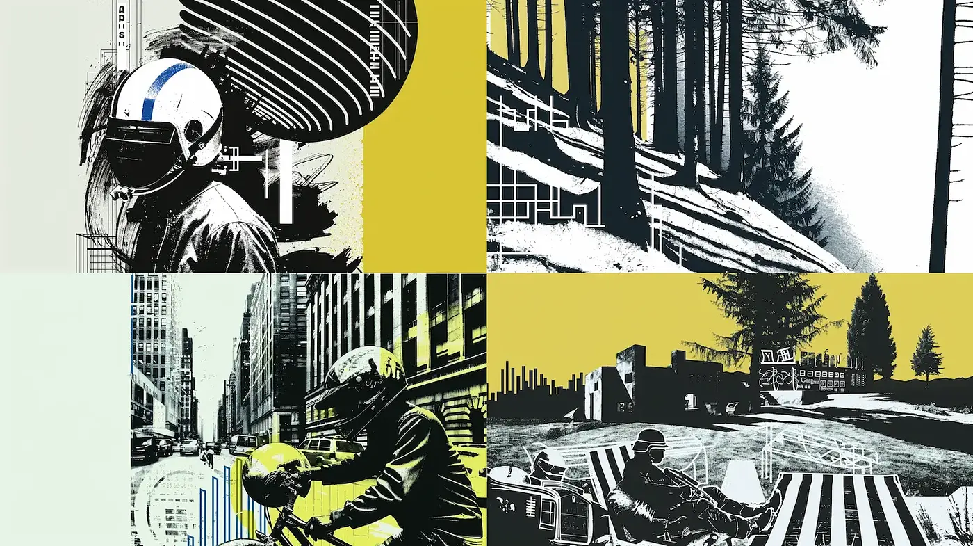 Dynamic and Graphic Exploration of Urban and Natural Landscapes - Midjourney sref style