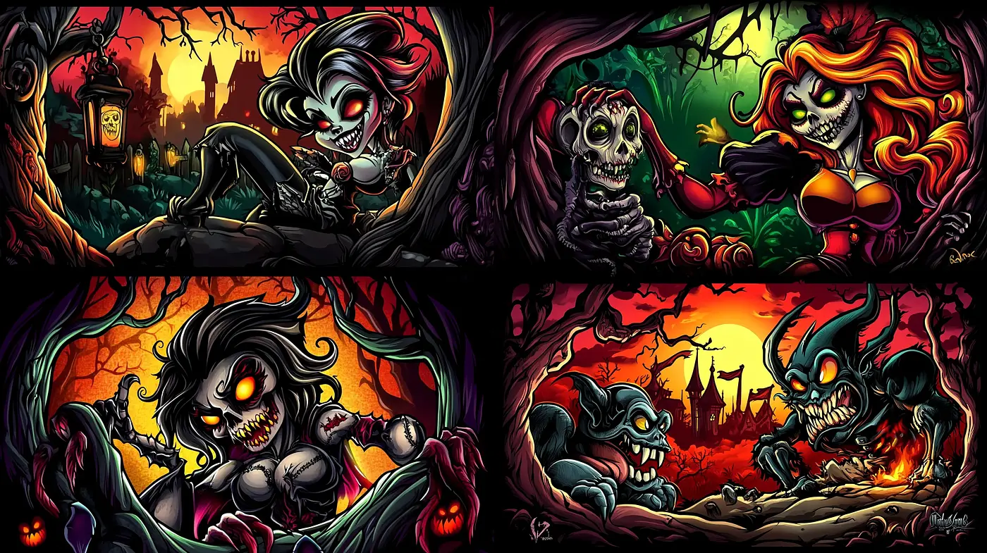 Gothic Eerie Vibrance: A Fusion of Horror and Cartoon - Midjourney sref style