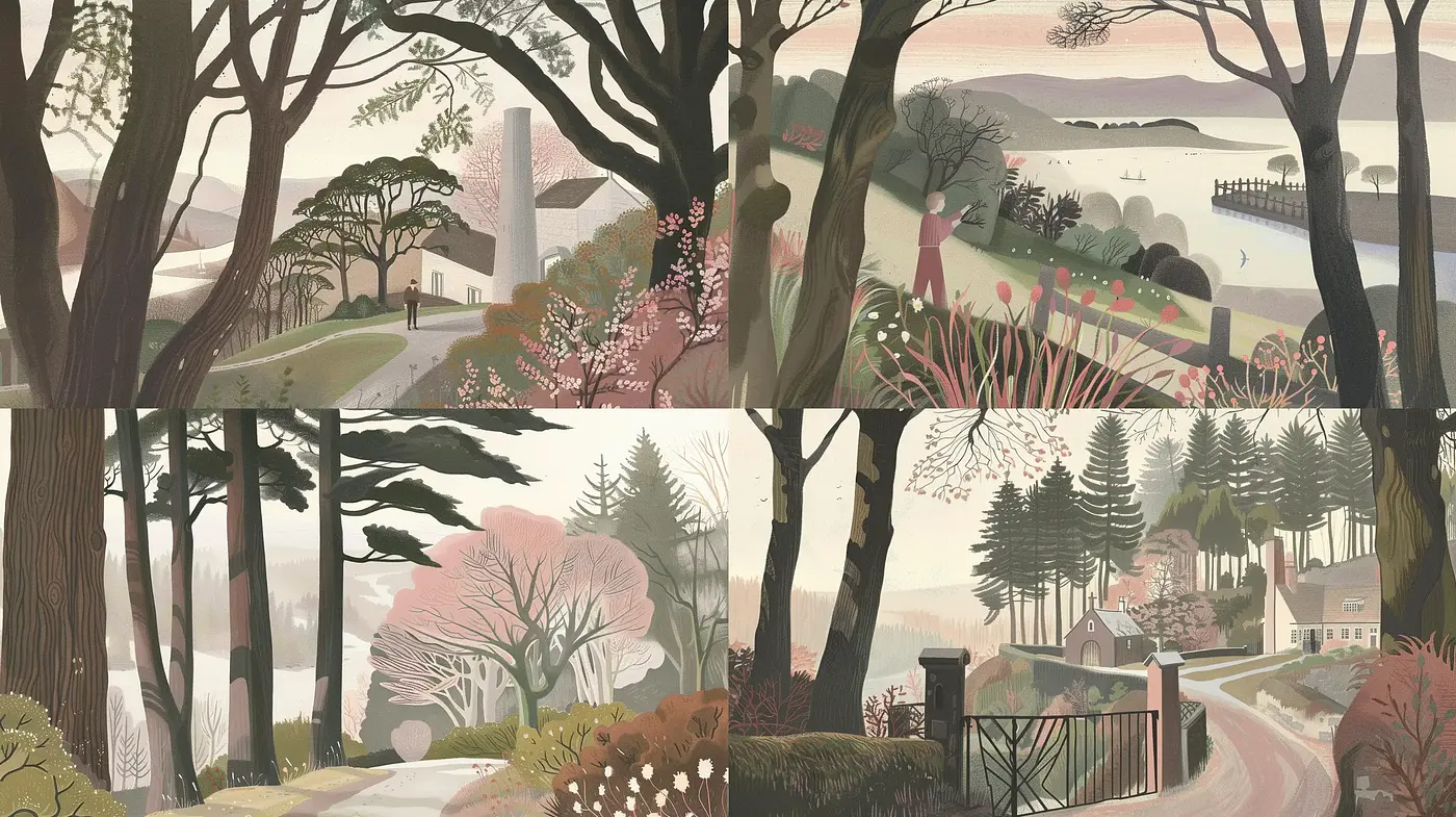 Serene Pastoral Elegance with a Stylized Botanical Twist - Midjourney sref style