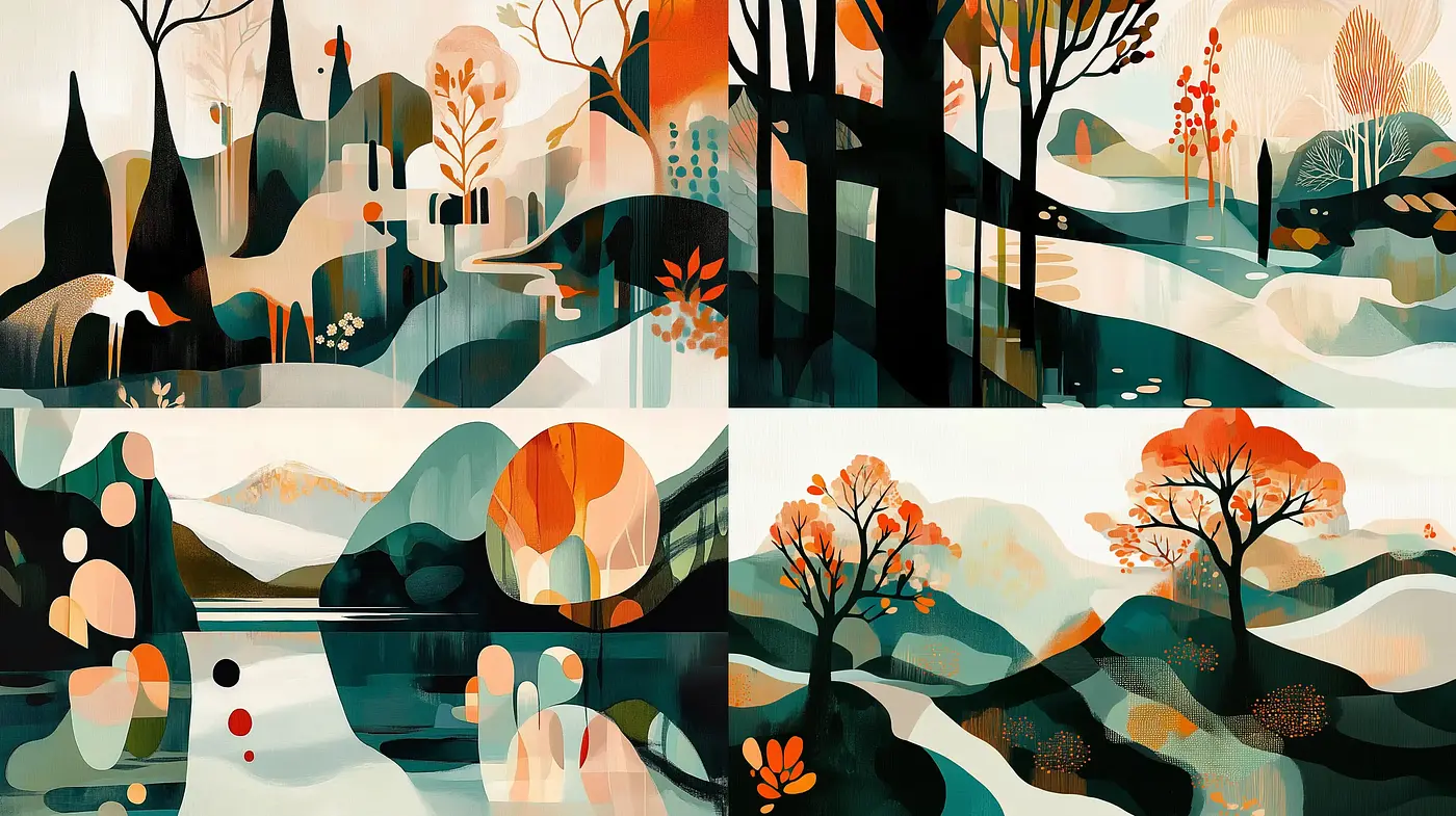 Serene Pastoral Tableaus with a Modern Graphic Twist - Midjourney sref style