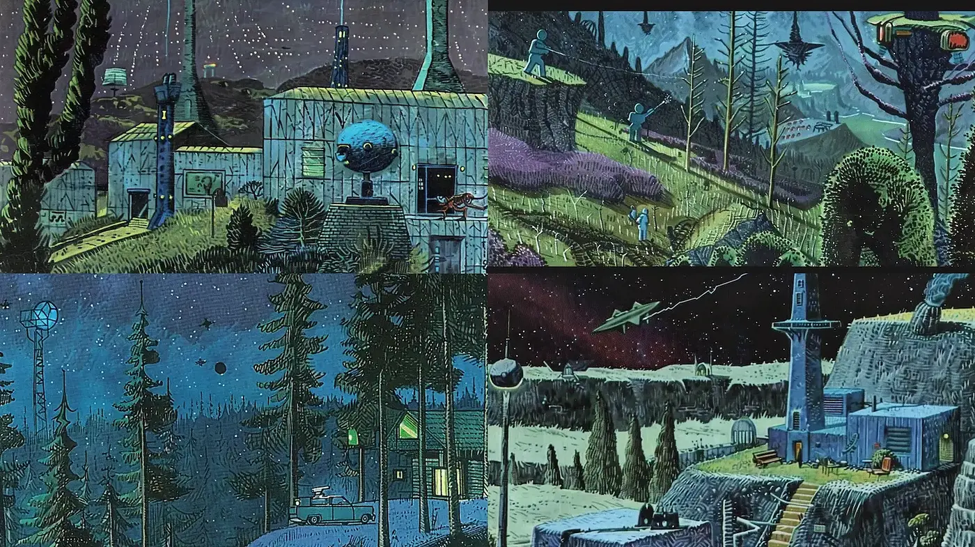 Futuristic landscapes with a blend of surrealism and retro aesthetics - Midjourney sref style