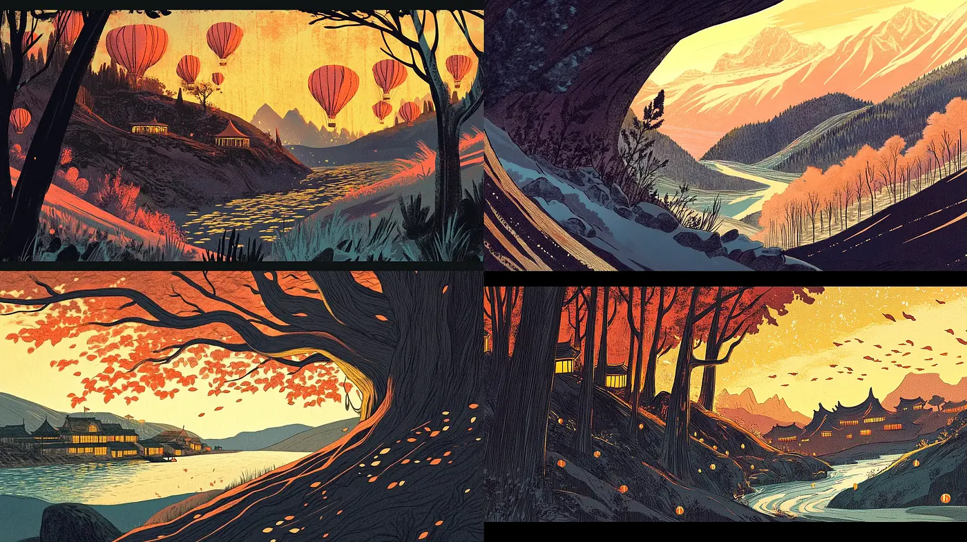 Twilight Ambiance in Stylized Nature - A Homage to Serene Landscapes and Distant Horizons - Midjourney sref style