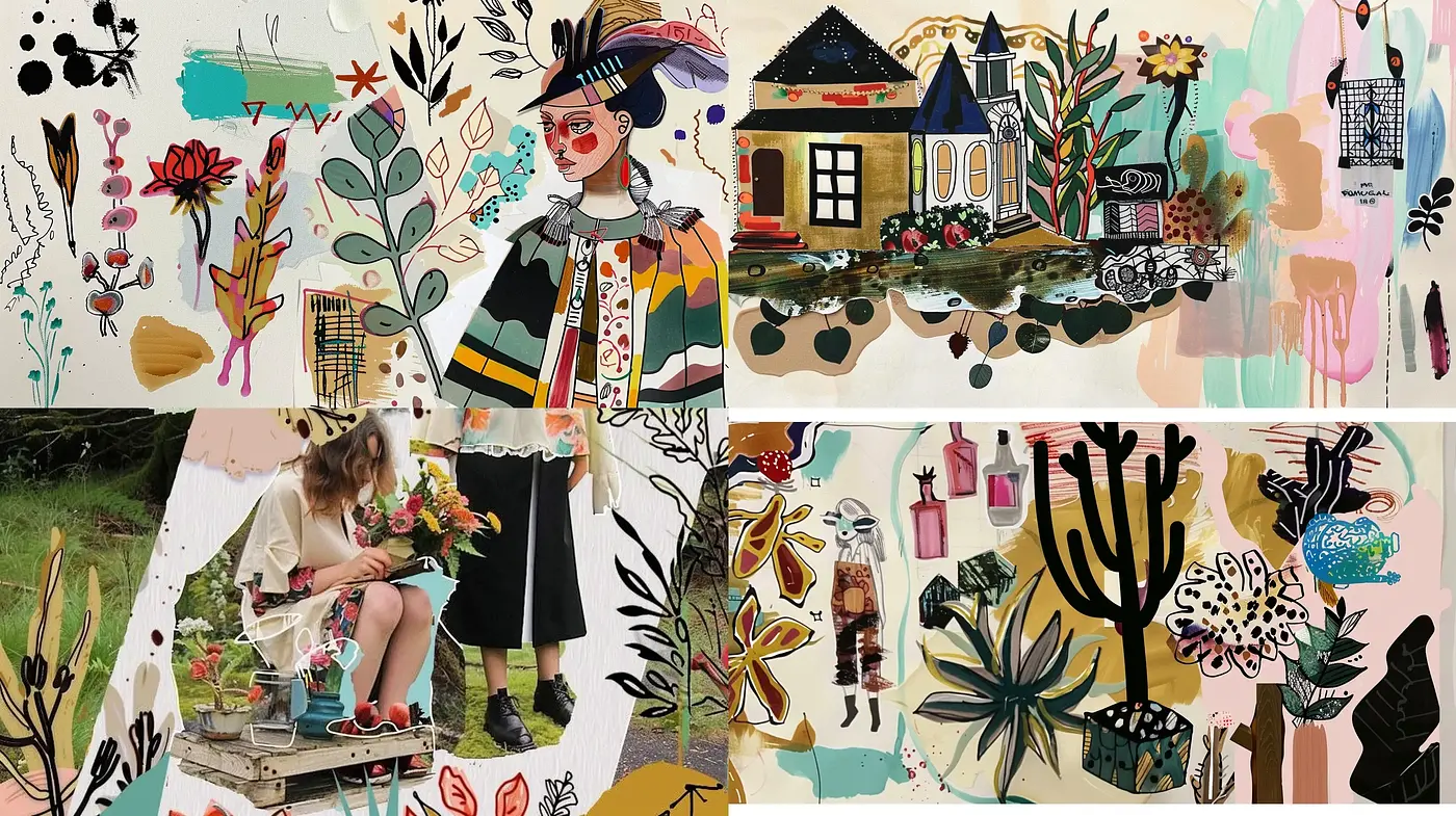 Whimsical Collage of Vivid Textures and Pastel Tones - Midjourney sref style