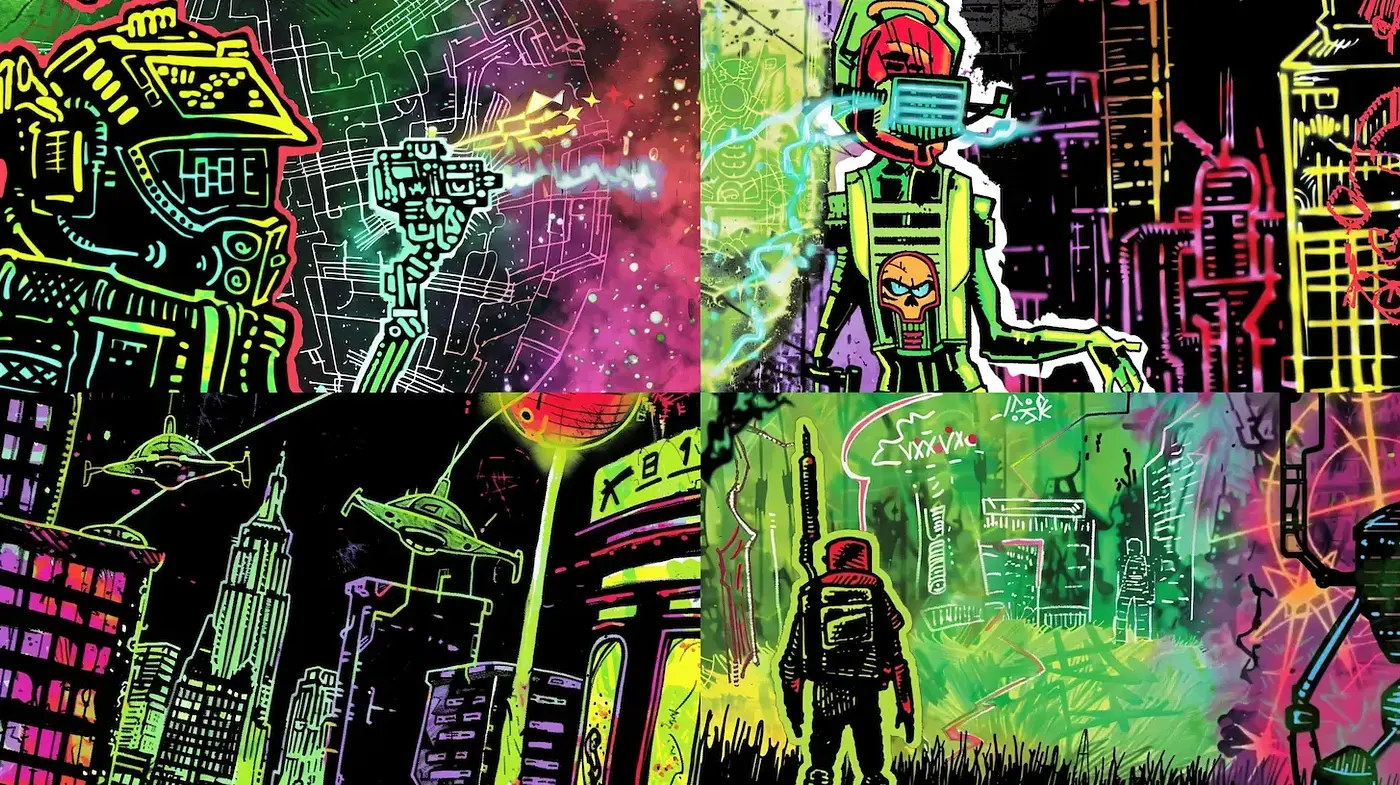 Vibrant Retro-Futuristic Neon Cityscapes with Sci-Fi Elements - Midjourney sref style