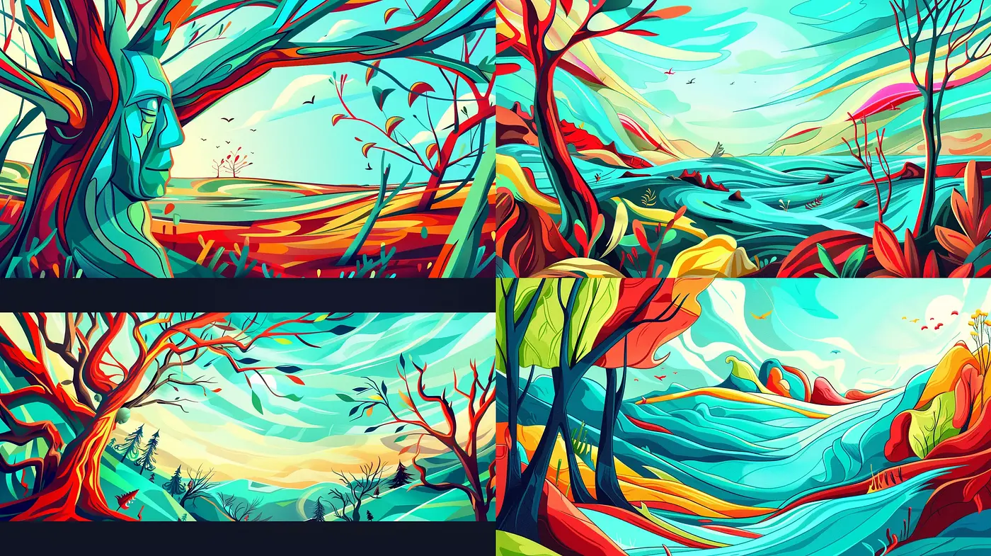 Vibrant Whimsical Landscapes: A Symphonic Blend of Color and Fluid Shapes - Midjourney sref style