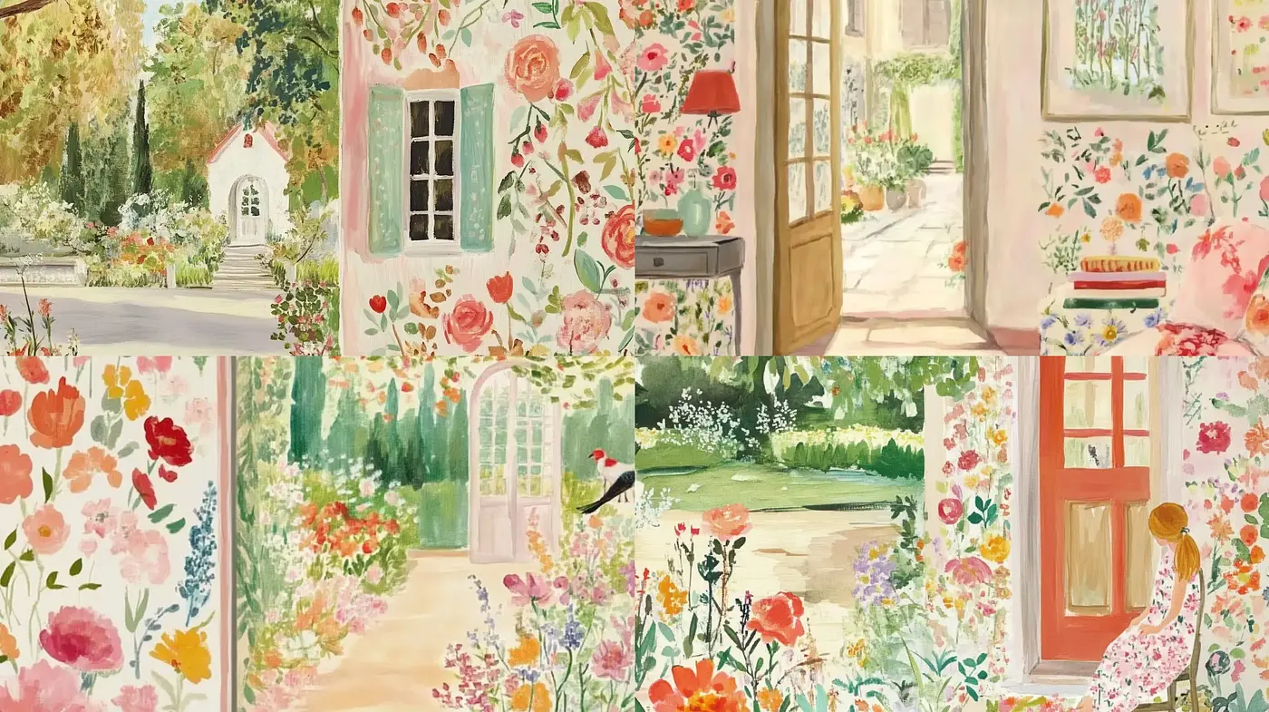 Blooming Tranquility: A Floral Pastel Homage to Serene Interiors and Gardens - Midjourney sref style