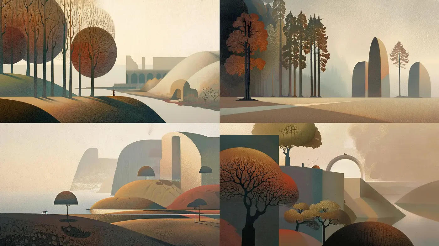 Serene Geometric Landscapes in Muted Harmonic Hues - Midjourney sref style