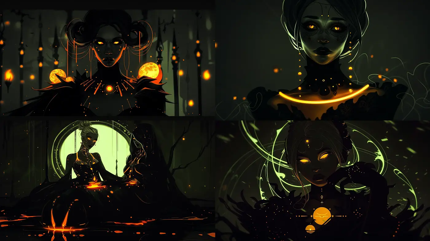 Nocturnal Glow: An Enigmatic Fusion of Dark Hues and Radiant Accents - Midjourney sref style