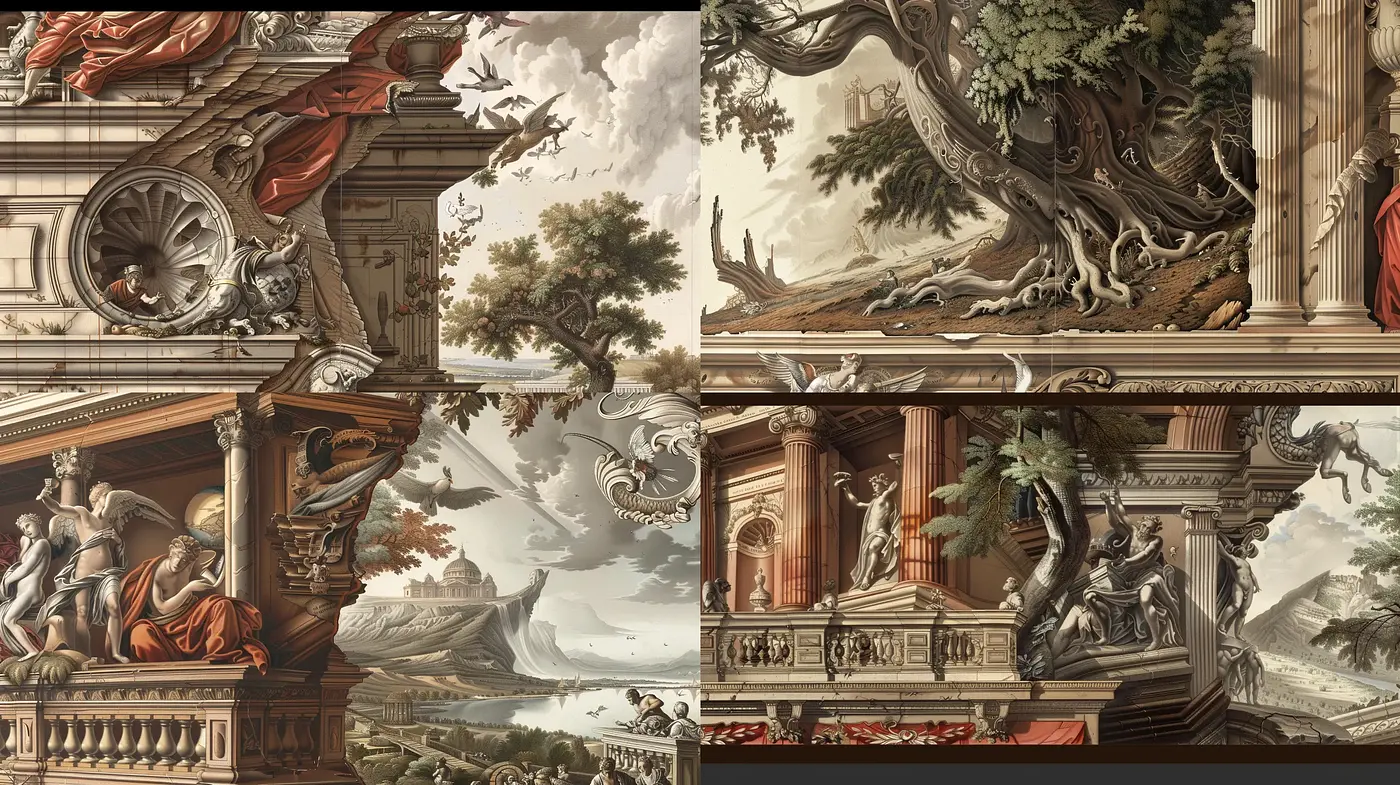 Baroque Reverie: A Fusion of Classical Grandeur and Fantastical Elements - Midjourney sref style