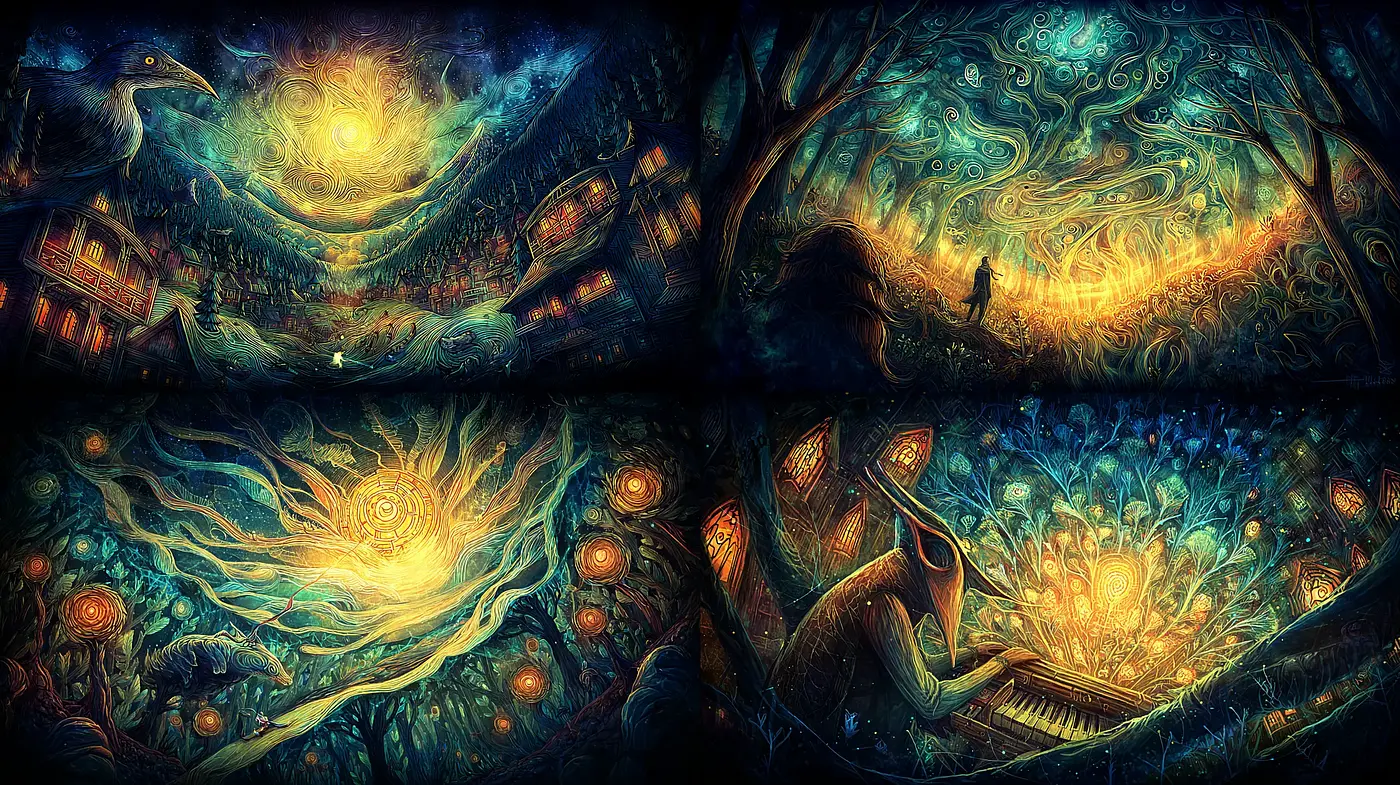 Whimsical and Dreamlike Nightscapes with Surreal Elements - Midjourney sref style