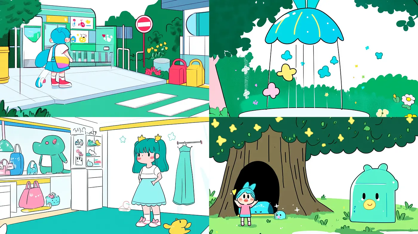Consistently Vibrant and Whimsical Cartoon Pastoral - Midjourney sref style