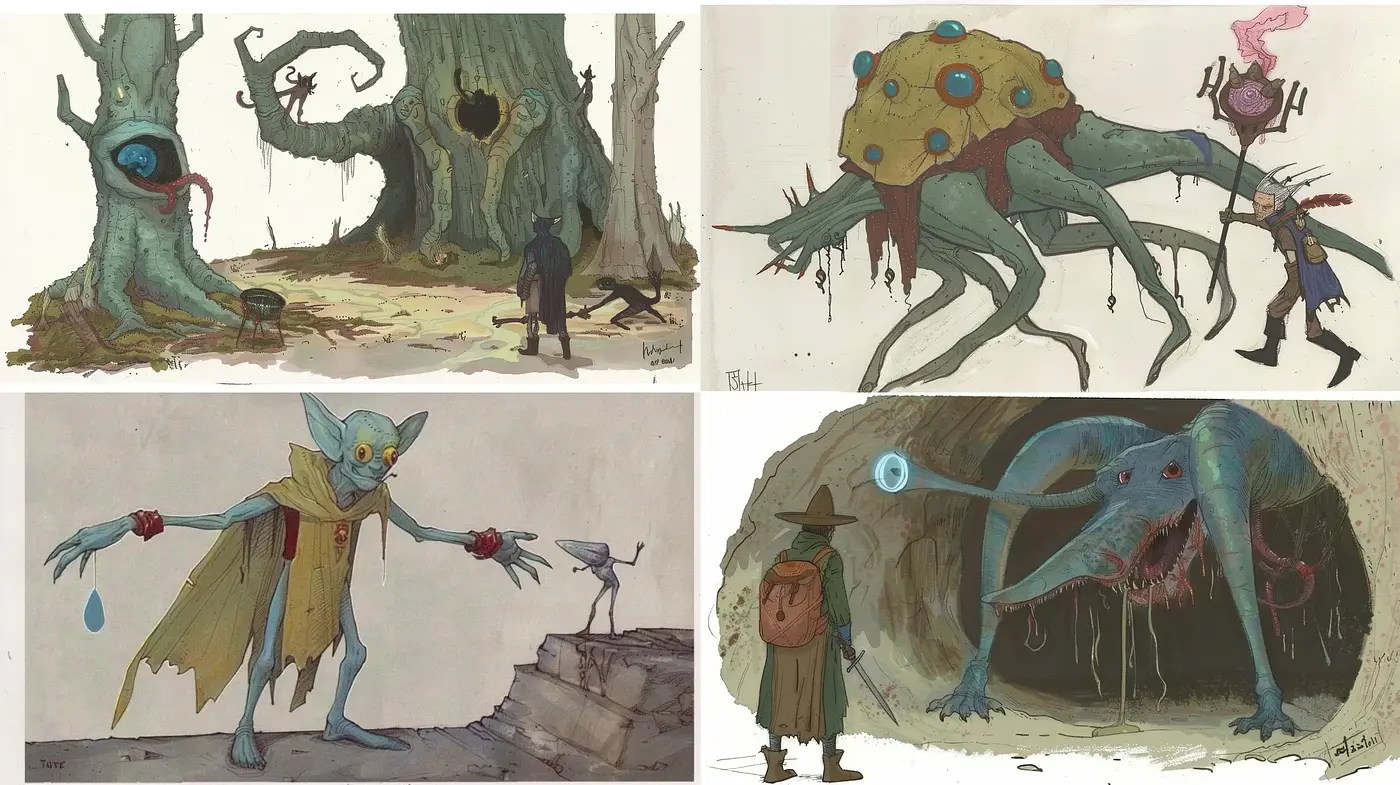 Ethereal Fantasy Illustration with a Whimsical and Dark Ambiance - Midjourney sref style