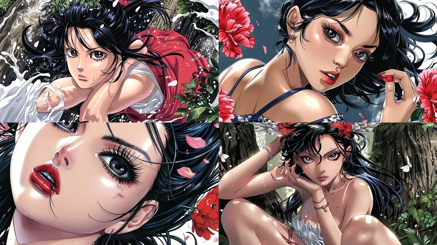 Lush Floral Anime Fusion with a Hint of Realism - Midjourney sref style