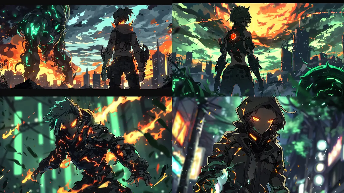 Futuristic Dystopian Panorama with Energetic Hues and Anime Essence - Midjourney sref style