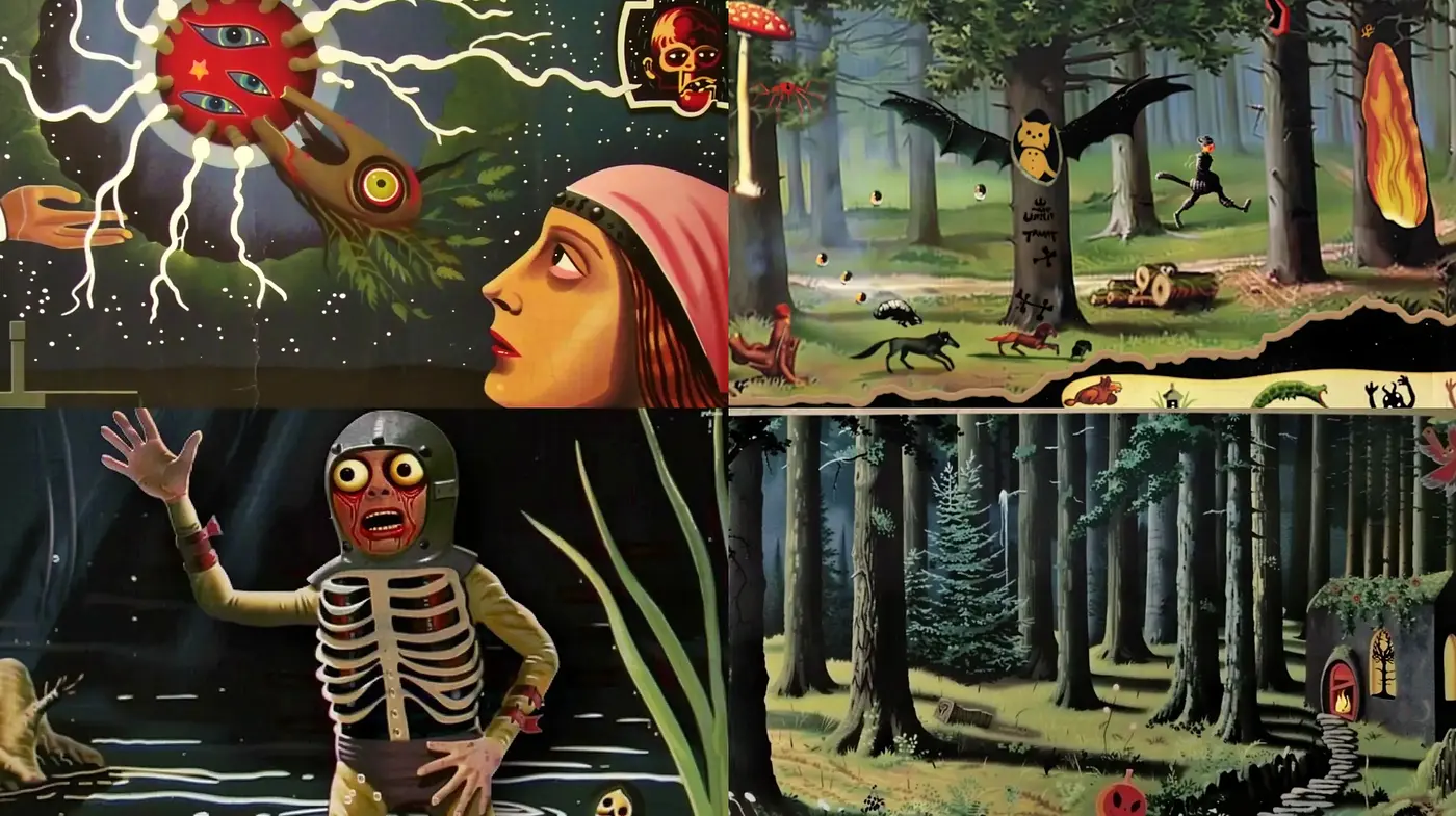 Surrealist Ensembles of Nature and Disquiet - Midjourney sref style