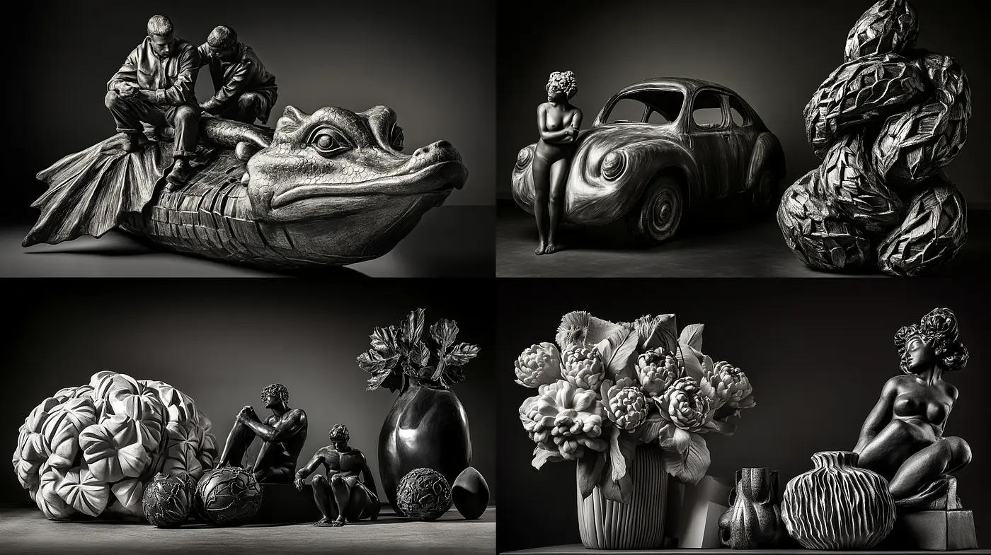 Monochromatic Whimsy: A Dance of Surrealist Sculptures in Grayscale - Midjourney sref style
