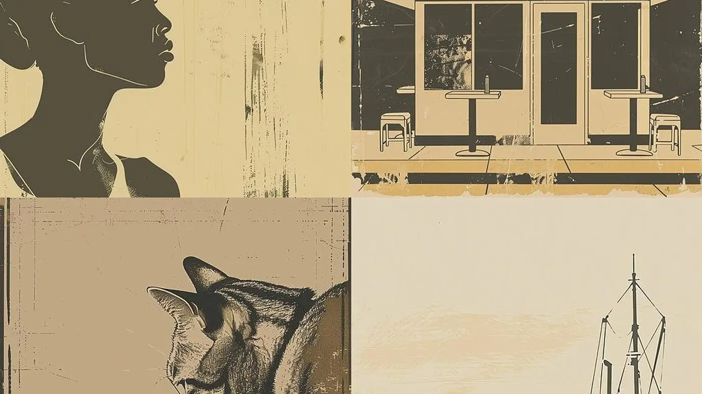 Sepia-toned Vintage Vignettes with Silhouette and Line Art Fusion - Midjourney sref style