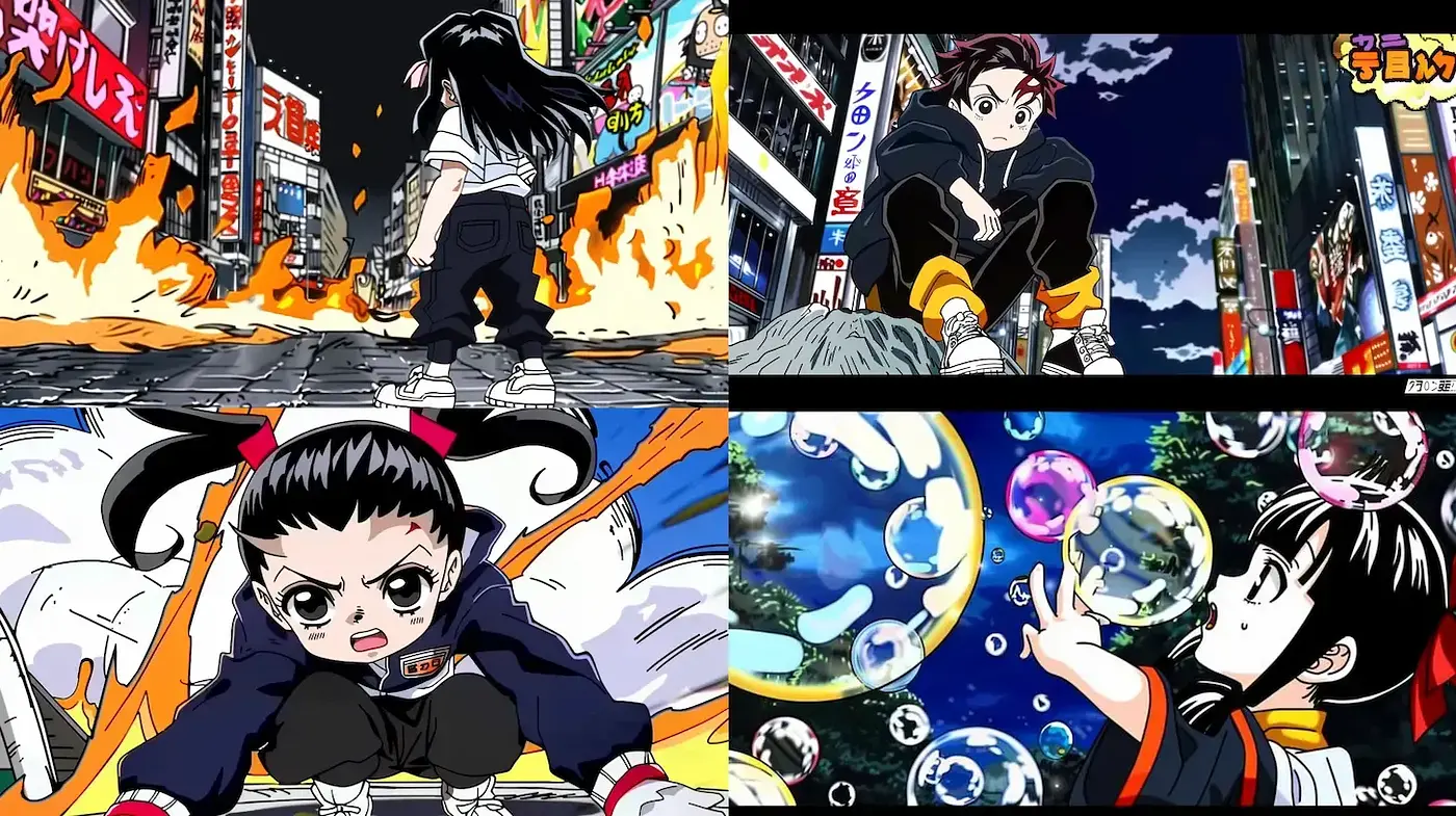 Dynamic Urban Anime Aesthetic with Vivid Colors and Expressive Characters - Midjourney sref style