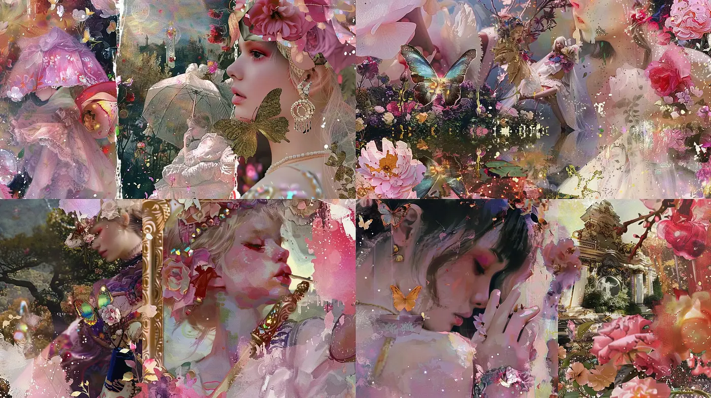 Floral Fantasy: A Dreamlike Mélange of Blossoms and Ethereal Faces - Midjourney sref style