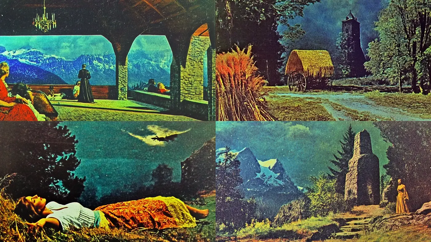 Time-Worn Pastoral Dreamscape: A Homage to Romanticism and Rustic Serenity - Midjourney sref style