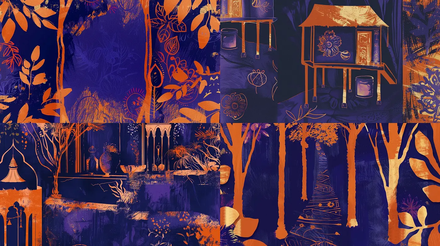 Enigmatic Twilight Arbor: A Consistent Symphony of Indigo and Umber - Midjourney sref style