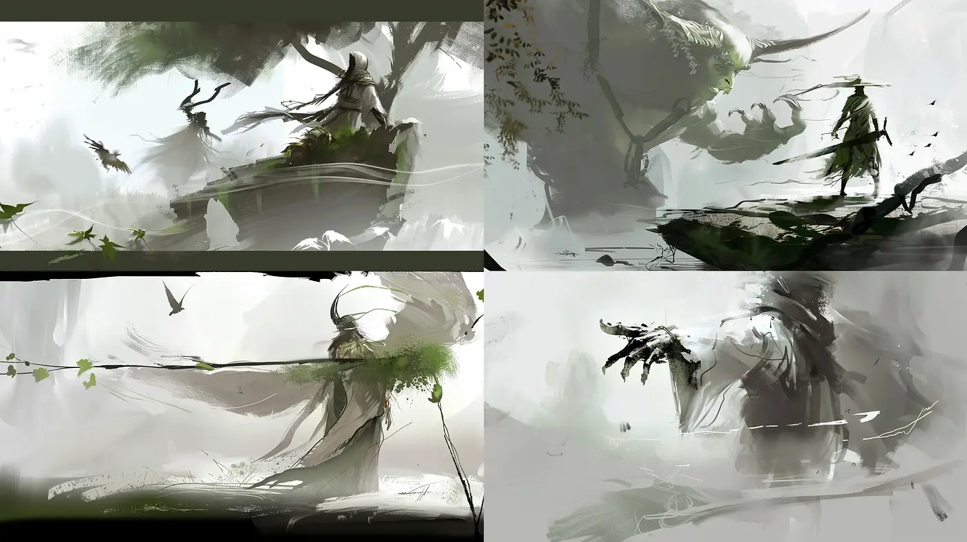 Ethereal Brushstrokes in Monochrome: A Harmony of Contrast and Fluidity - Midjourney sref style